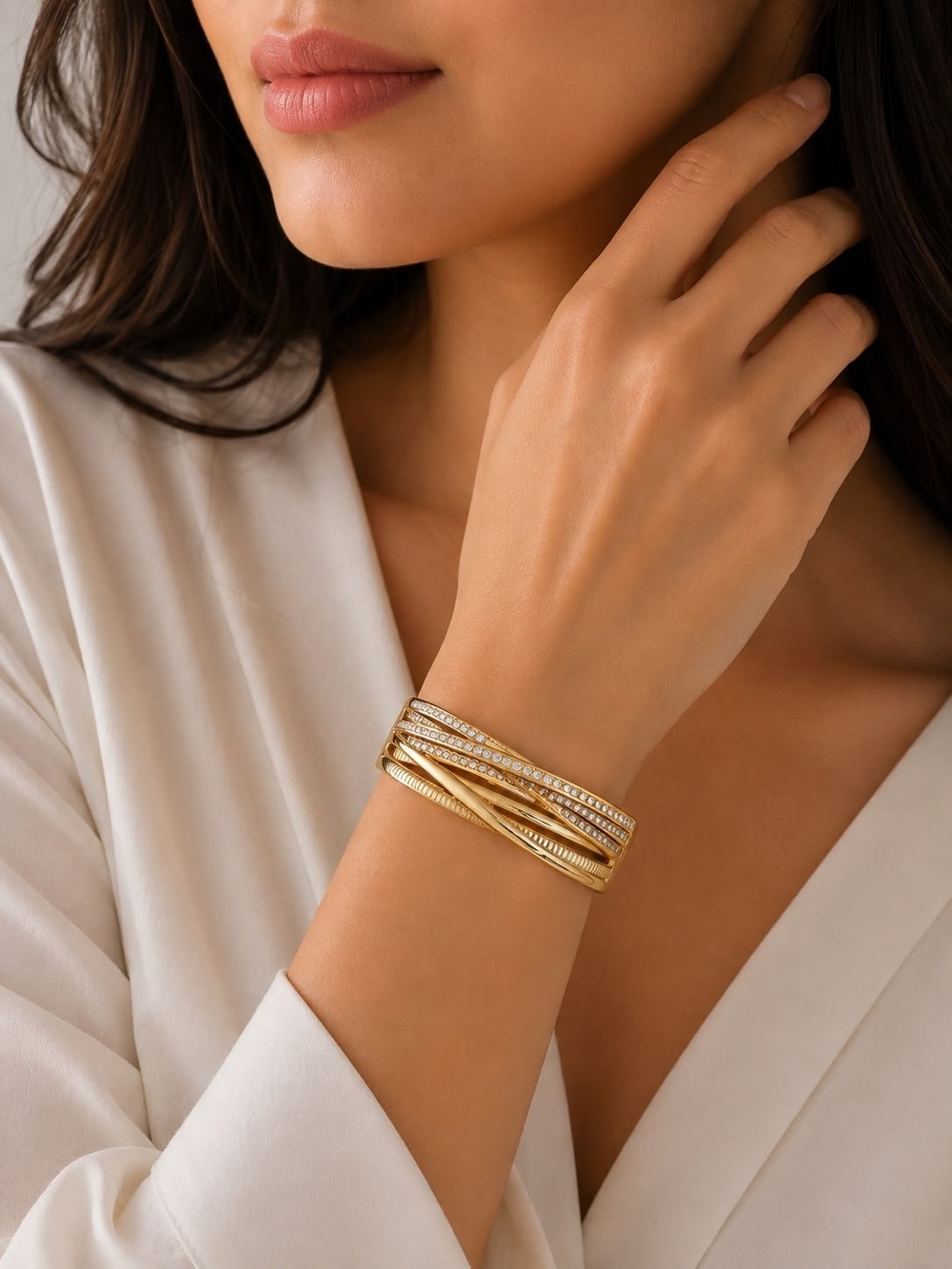 Stain Less Steel Gold Multi-Row Crystal With  Wrap Bracelet